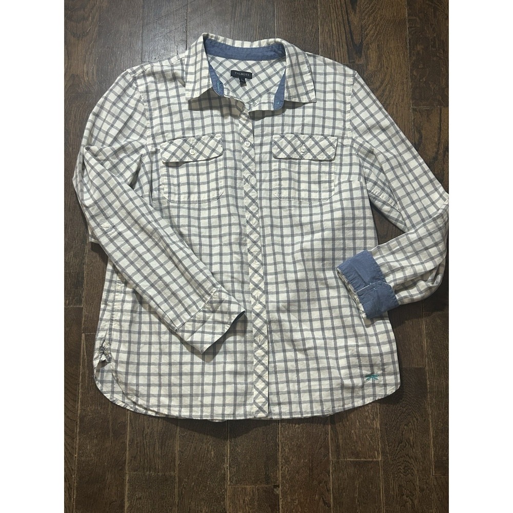 Talbots Cream Gray Metallic Plaid Button Front Top Denim Cuffs Sz L Dragon Fly